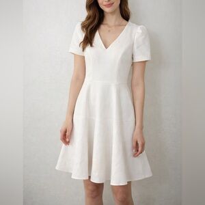 Gal Meets Glam beige puff sleeve fit & flare dress occasions